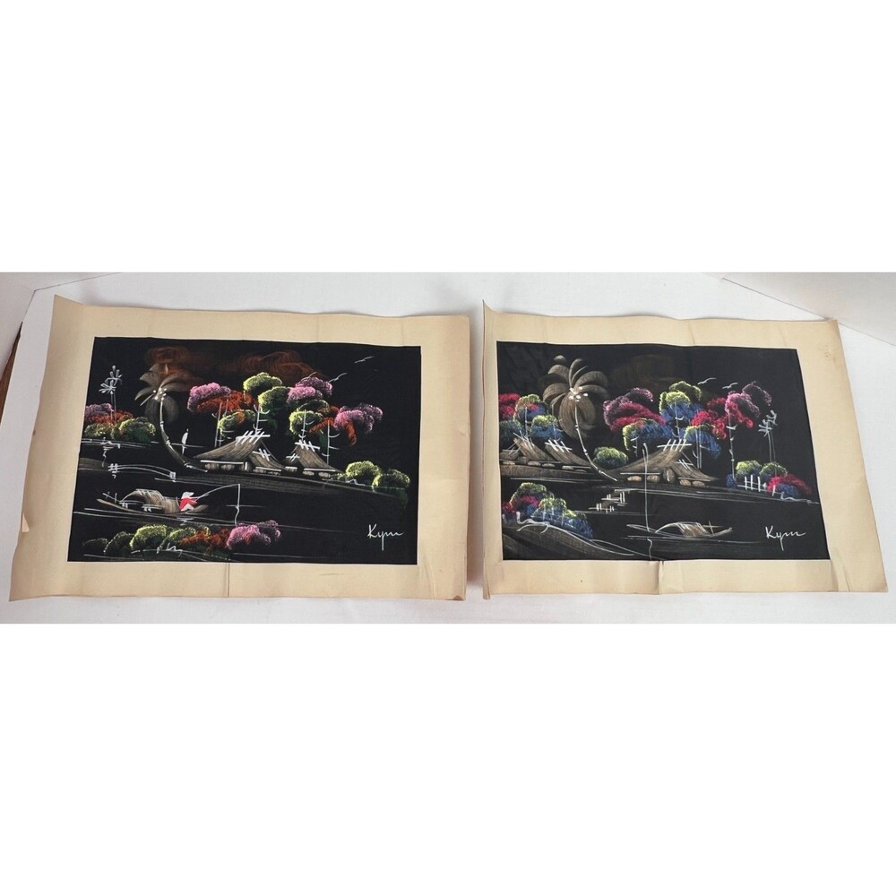 Vtg 1960s Signed Hand Painted Silk Vietnamese Cultural Fishing Village Vietnam